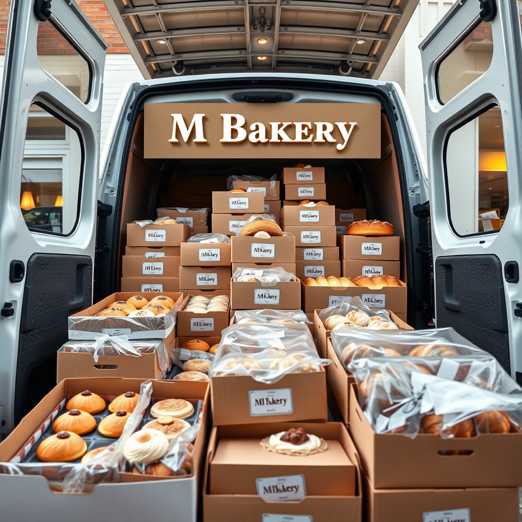 A photorealistic image showcasing a large order of M Bakery products being loaded into a delivery van. The scene focuses on boxes of pastries, breads, and cakes, neatly arranged and ready for transport. The background shows the exterior of M Bakery and the delivery van. The lighting should be bright and efficient, emphasizing the scale and professionalism of the wholesale operation. The color palette should be clean and consistent, reflecting the reliability and quality of the products. Technical specifications: 4K resolution, wide-angle shot, commercial setting.