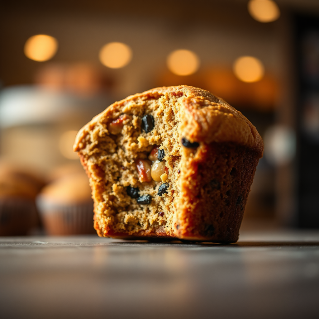 A shallow depth of field shot focusing on a single bite taken out of a muffin, revealing the moist interior and showcasing the ingredients inside. The background is a blurred view of the bakery with soft, warm lighting. The color palette should be rich and inviting, emphasizing the freshness and appeal of the muffin. Technical specifications: 4K resolution, macro lens, high detail.
