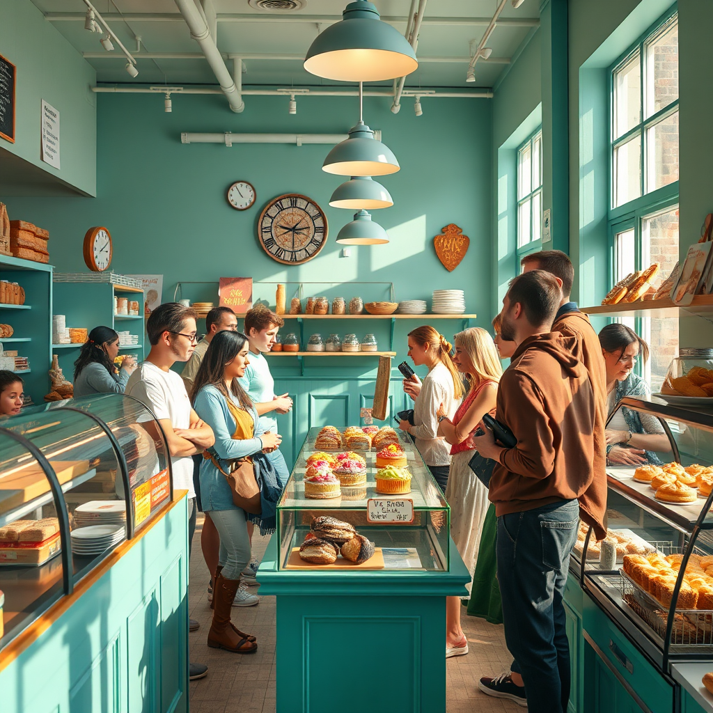A vibrant and bustling bakery scene, with customers lined up at the counter to purchase a variety of baked goods. The display counter is filled with colorful cakes, pastries, and breads. Natural light streams through the windows, illuminating the scene. The color palette should be cheerful and inviting, emphasizing the variety and freshness of the baked goods. Technical specifications: 4K resolution, wide-angle shot, dynamic composition.