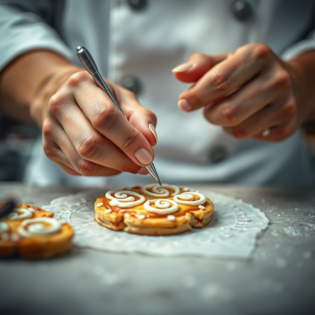 Capture a photorealistic image of a baker carefully decorating a pastry with intricate designs. The baker's hands are the primary focus, with the pastry and decorating tools in sharp detail. The background is softly blurred, creating a sense of focus and craftsmanship. The lighting should be soft and diffused, highlighting the details and colors of the pastry. The color palette should be delicate and refined, reflecting the artistry of the pastry-making process. Technical specifications: 4K resolution, shallow depth of field, focus on detail.