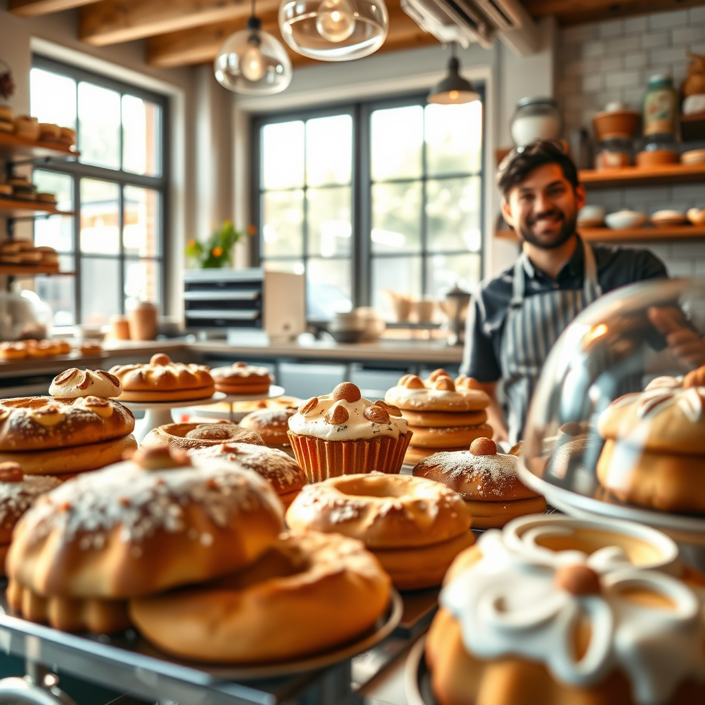 Capture an ultra-high resolution, photorealistic image of a vibrant and inviting bakery interior at "M Bakery". The scene focuses on a display counter overflowing with an array of delectable pastries, cakes, and breads. Natural light streams through large windows, illuminating the golden hues of the baked goods and creating a warm, inviting atmosphere. In the background, a baker with a flour-dusted apron smiles warmly. The composition should be balanced, highlighting the textures and details of the pastries. Use a shallow depth of field to softly blur the background, focusing the viewer's attention on the foreground delicacies. The color palette should be warm and inviting, with rich browns, golds, and creams. The image should evoke feelings of comfort, indulgence, and craftsmanship, similar to the style of a professional food photography spread in a high-end magazine. Technical specs: 8K resolution, hyperrealistic rendering.