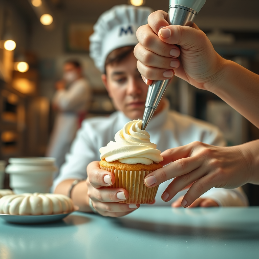Create a photorealistic image capturing the essence of M Bakery. The scene features a baker's hands carefully piping frosting onto a cupcake. The background subtly showcases a bustling bakery environment, with glimpses of ovens and other bakers at work. Focus on the intricate details of the frosting and the baker's focused expression. Lighting should be warm and diffused, highlighting the textures and colors of the cupcake. The color palette should consist of pastel shades and creamy whites, creating a soft and inviting mood. The image should evoke a sense of artisanal skill and passion for baking. Style reference: reminiscent of a vintage bakery advertisement with a modern twist. Technical specs: 4K resolution, high-quality detail.