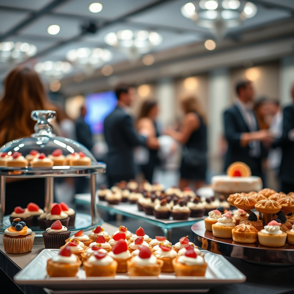 Create a photorealistic image depicting a catering setup from M Bakery at a corporate event. Focus on an attractive arrangement of mini-pastries, desserts and canapes. The background shows a blurred event space, with people mingling. Lighting should be bright and professional, emphasizing the presentation of the food. The color palette should be vibrant and appetizing. Technical specifications: 4K resolution, wide-angle shot, dynamic composition.